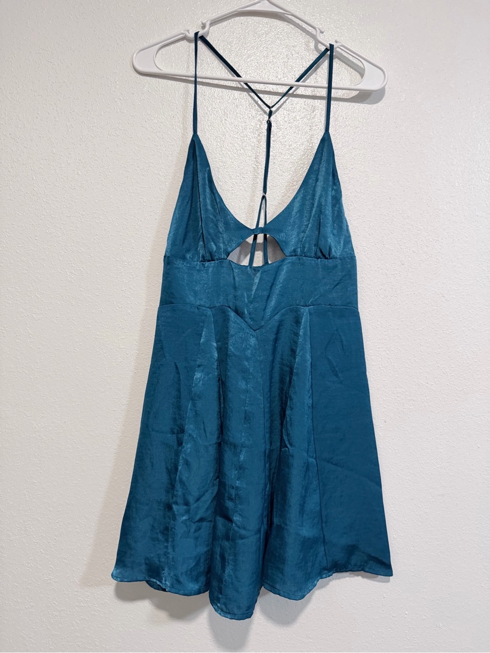 Satin Teal Strappy Slip Dress with Decorative Back